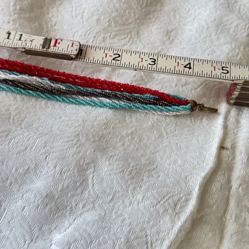 16” Vintage Glass Micro Seed Bead Necklace Multi Red Blue White Gray 1940s-60s